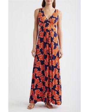 Loveappella Floral Sleeveless Jersey Maxi Dress - Red