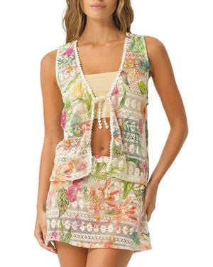 PQ Swim Leni Tie Front Sheer Crop Cotton Blend Lace Cover-Up Top - Multicolor
