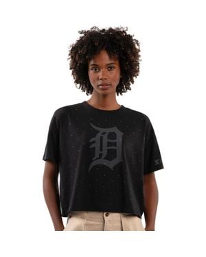 Starter Detroit Tigers Rhinestone Sprinkle Boxy Cropped T-Shirt - Black