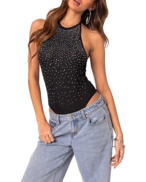 Edikted Rhinestone Mesh Halter Bodysuit - Black