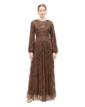 MARYISA Modest Embellished Sequin Beaded A-Line Maxi Dress - Brown