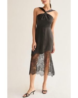 Crescent Lace Hem Satin Halter Midi Dress - Natural