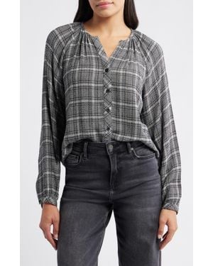 Cloth & Stone Plaid Raglan Sleeve Button-Up Shirt - Black