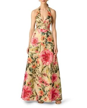 Aidan Mattox Metallic Floral Jacquard Halter Neck Gown - White