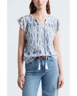 Treasure & Bond Crochet Trim Linen Blend Top - Blue