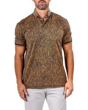 Maceoo Marthyr Grid Print Contrast Collar Cotton Polo - Brown