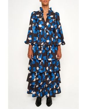 The Lulo Project The Storm Keeper Floral Ruffle Tiered Maxi Dress - Blue