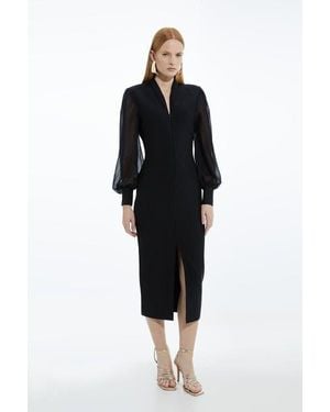 Karen Millen Zip Detail Chiffon Sleeve Knit Dress - Black