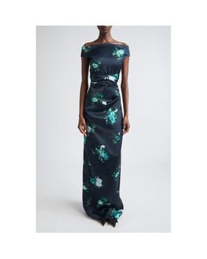 Erdem Floral Print Off The Shoulder Duchesse Satin Gown - Blue