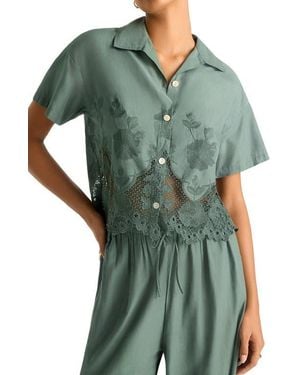 Vitamin A Floral Broderie Crop Cover-Up Shirt - Green