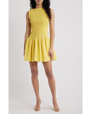 Wayf Esme Gingham Smocked Bodice Drop Waist Minidress - Natural