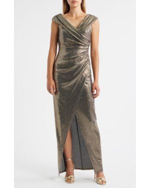 Vince Camuto Foil Knit Draped Off The Shoulder Sheath Gown - Multicolor