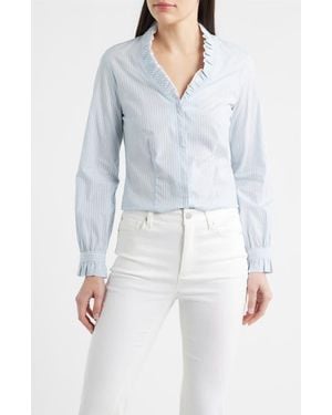 Anne Klein Ruffle Detail Stripe Cotton Button-Up Shirt - Blue