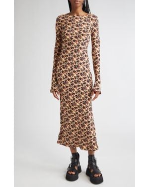 Collina Strada Yuri Leopard Floral Long Sleeve Crepe Dress - Natural