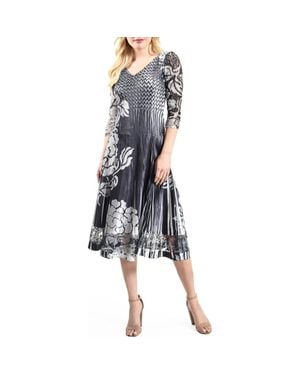 Komarov Stencil Printed Charmeuse 3/4 Sleeve Dress - Blue
