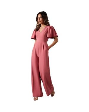 Coast Flutter Sleeve Plunge Jumpsuit - Red