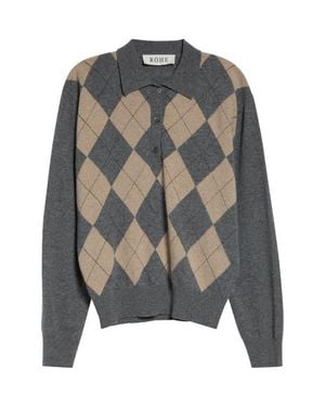 Rohe Argyle Plaid Mouliné Polo Sweater - Gray