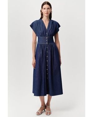 Exquise Evan Dropped Short Sleeve Fitted Midi Denim Dress - Blue