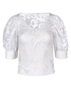 Anne Fontaine Katia V-Neck Top With Sheer Mesh Sleeves - White