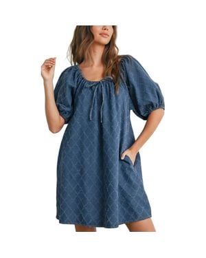 Knit & Lounge Puff Sleeve Tie Neckline Mini Dress - Blue