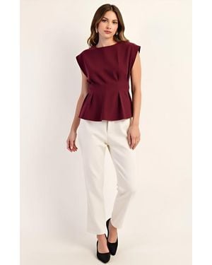 Modenaire Cap Sleeve Peplum Top With Structured Pleats And Round Neck