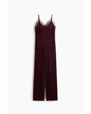 H&M Lace-Trimmed Jersey Pajamas - Purple