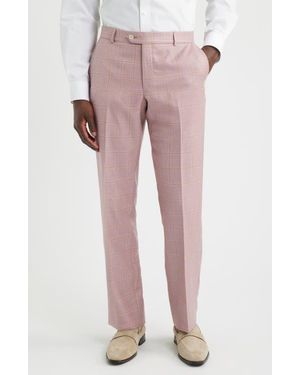 Berle Flat Front Check Wool & Linen Blend Dress Pants - Pink
