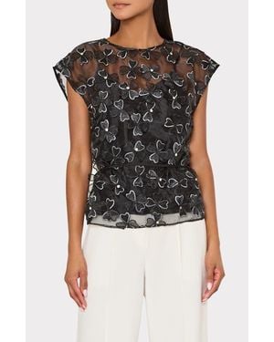MILLY Ryan Clover Bow Rhinestone Organza Top - Black