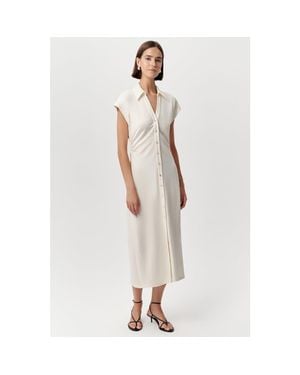 Exquise Ursula Collared Gathered Waist Knit Midi Dress - White