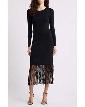 Tahari Roma Fringe Hem Long Sleeve Body-Con Dress - Black
