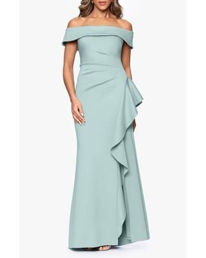 Xscape Evenings Ruffle Off The Shoulder Scuba Knit Gown - Green