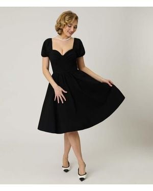 Unique Vintage Sweetheart Puff Sleeve Swing Dress - Black