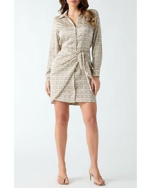 Guess Tie Waist Long Sleeve Satin Shirtdress - Natural