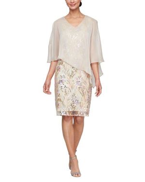 Sl Fashions Sequin Embroidery Sheath With Cape Overlay - Natural