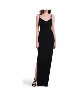 EMILY SHALANT Crystal Flower Strap Stretch Crepe Gown - Black