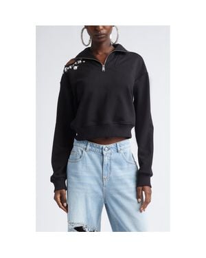 Area Crystal Cluster Cutout Quarter Zip Sweatshirt - Black