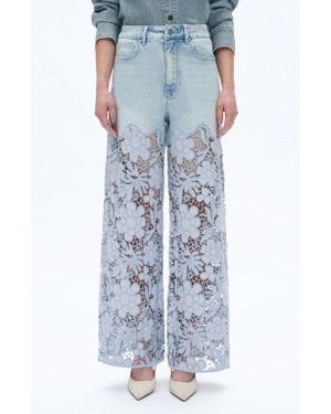 Bayeas Crystal Embellished Lace Wide Leg Jeans - Blue