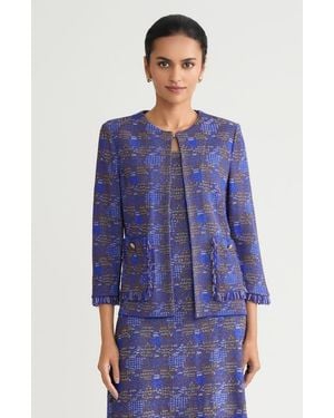Ming Wang Heritage Fringe Tweed Knit Jacket - Blue