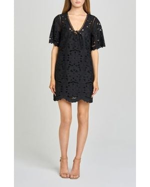 Wayf Kenzie Floral Embroidered Ladder Stitch Minidress - Black