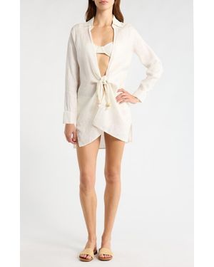 Elan Tie Front Long Sleeve Linen Cover-Up - Natural