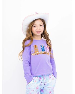 PREPPY GOOSE Sequin Cowgirl Boots Long Sleeve T-Shirt - White
