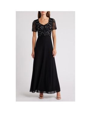 Pisarro Nights Beaded Bodice Short Sleeve Gown - Black