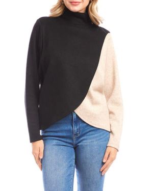 Karen Kane Colorblock Turtleneck Crossover Hem Knit Top - Black