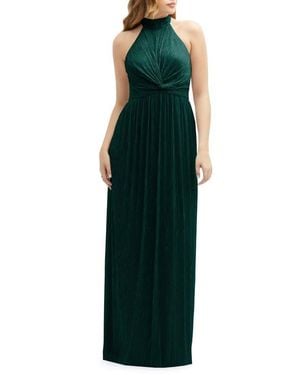 After Six Metallic Pleated Halter Column Gown - Green