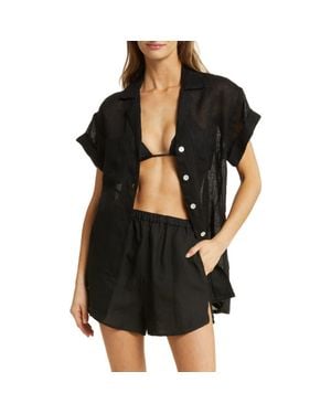 Vitamin A Playa Pocket Linen Cover-Up Button-Up Shirt - Black