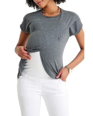Accouchée Crossover Short Sleeve Cotton Maternity/Nursing Top - Gray