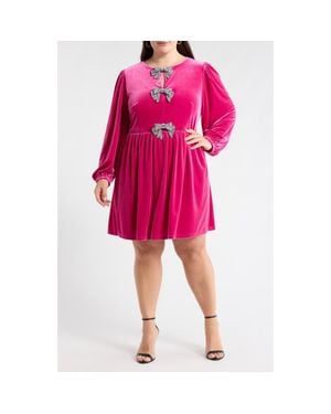 Sugarlips Glow Bow Velvet Long Sleeve Dress - Pink