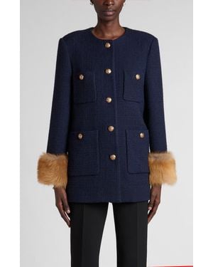 Valentino Garavani Wool Blend Tweed Jacket With Faux Fur Cuffs - Blue
