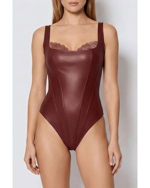 Popilush Shapewear Faux Leather Lace Balconette Sculpting Bodysuit - Red