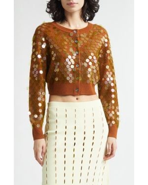 Zankov Mina Pointelle Knit Paillette Merino Wool & Cashmere Cardigan - Brown